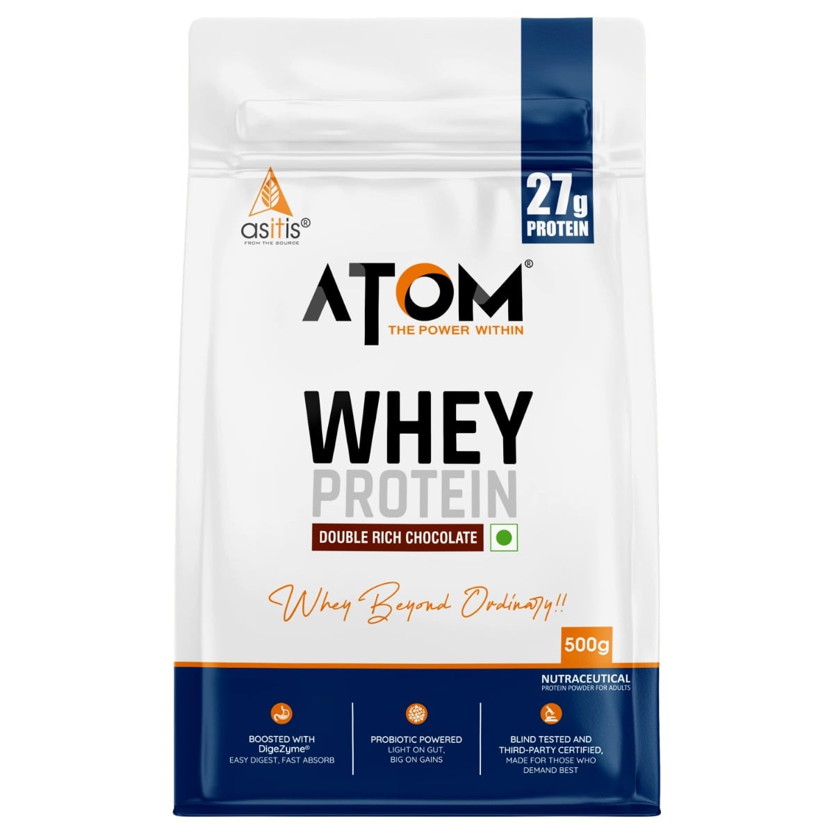 AS-IT-IS ATOM Whey Protein 500gms | Double rich chocolate | 14 Servings | 27g protein | 5.7g BCAA | Digestive Enzymes