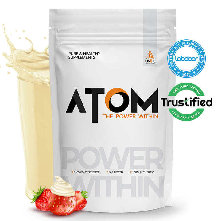 AS-IT-IS ATOM Whey Protein with Digestive Enzymes, 27g protein, 5.7g BCAA, Lab Tested , Creamy Strawberry - 1kg  AS-IT-IS ATOM Whey Protein with Digestive Enzymes, 27g protein, 5.7g BCAA, Lab Tested , Creamy Strawberry - 1kg