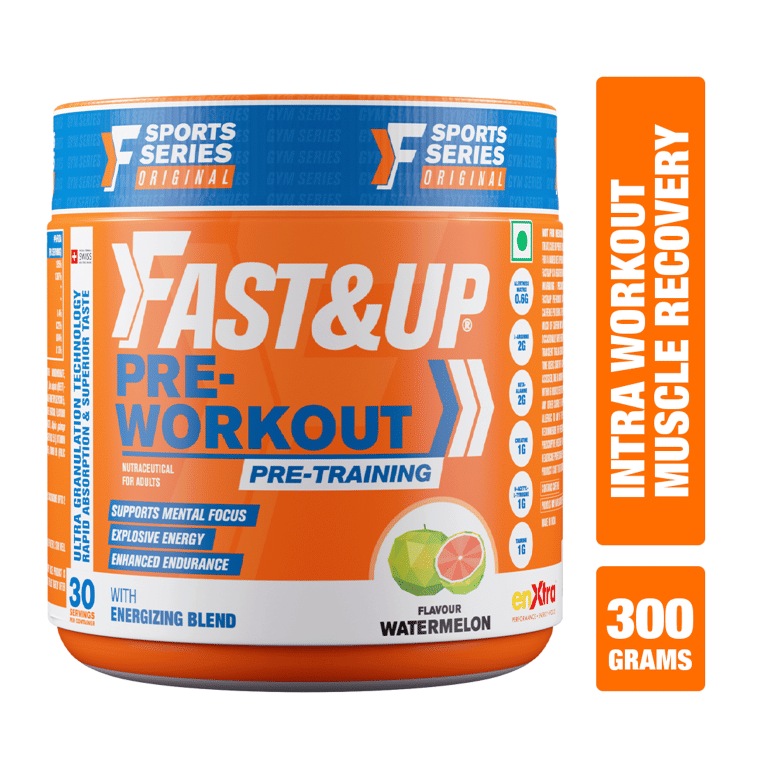 Fast&Up Pre Workout Supplement (30 Servings, Watermelon Flavour) | Pre Workout Supplement For Men & Women with B Alanine, Creatine, Taurine For Performance & Energy Boost