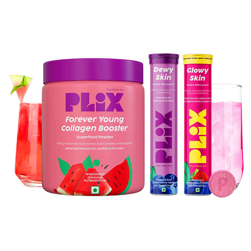 PLIX THE PLANT FIX Youthful Glow Combo Collagen Builder Pack of 200g Powder, Hyaluronic Acid and Skin Glow Glutathione 15 Effervescent Tablets Supports Skin Elasticity, Firmness