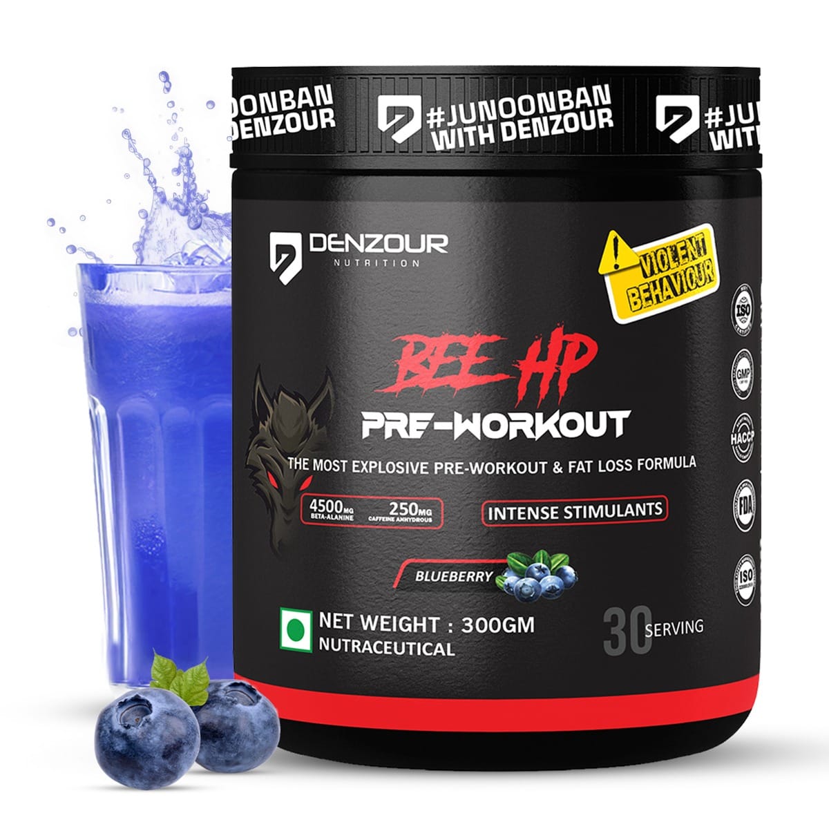 Denzour Nutrition BEE-HP Pre Workout with 750mg Creatine Monohydrate & 4500mg Beta-Alanine, Intense Energy with Fat Loss Formula, 300g Blueberry