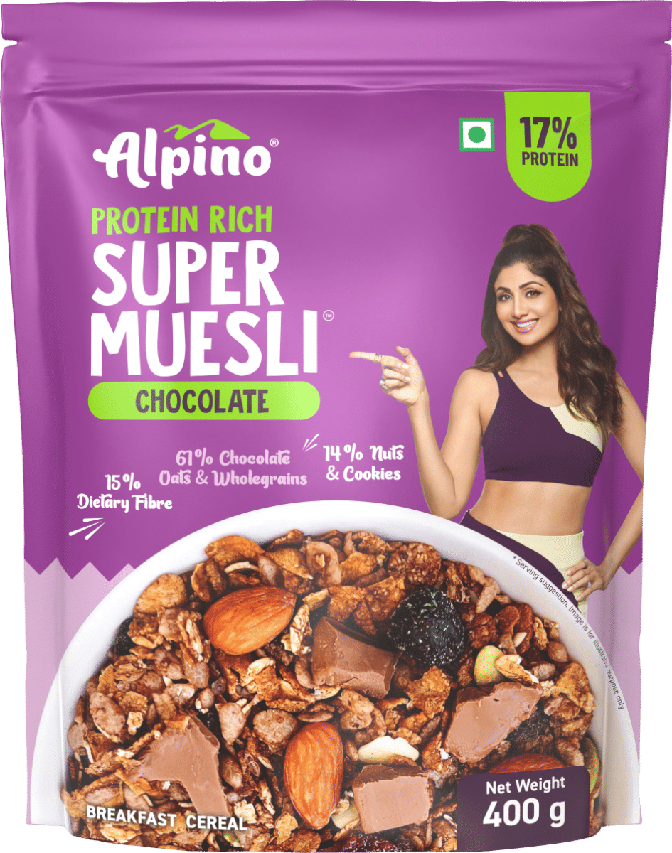 Alpino Super Chocolate Muesli Nuts & Cookies ALPINO 17g Protein-Rich Super Muesli Chocolate 400g - 61% Whole Grains, 14% Nuts & Cookies - Source of Dietary Fibre & Healthy Fats