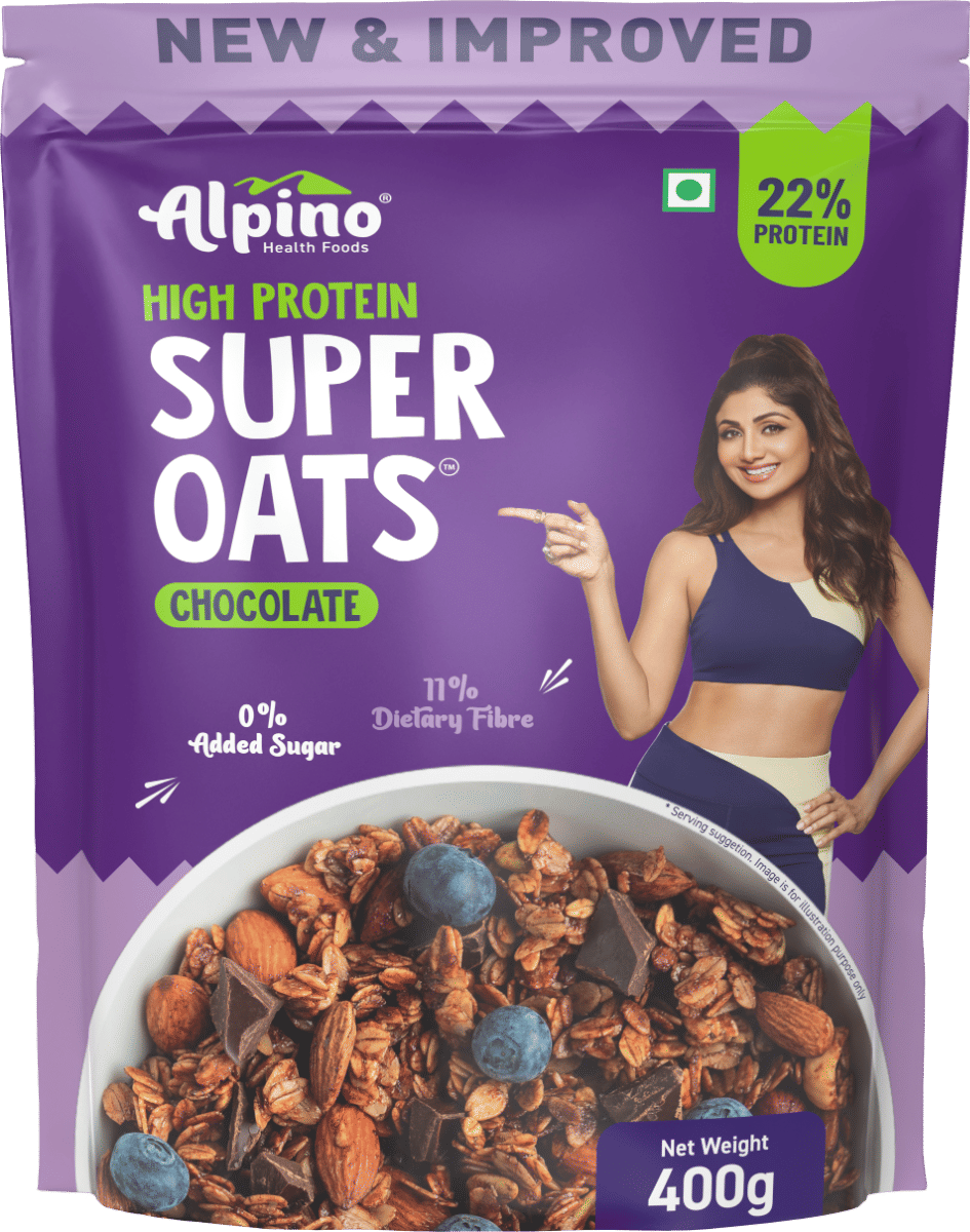 ALPINO 22g High Protein Super Oats Chocolate 400g - Rolled Oats, Natural Peanut Butter, Cocoa Powder, Nuts & Seeds - Source of Dietary Fibre & Healthy Fats, No Added Sugar & Salt ALPINO 22g High Protein Super Oats Chocolate 400g - Rolled Oats