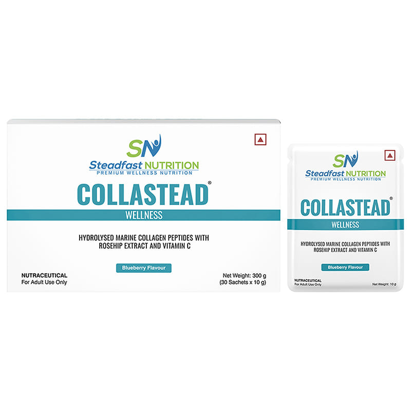 Steadfast Nutrition Collastead Collagen Powder|Natural Marine Collagen Supplements for Women & men|Boost Skin, Hair, Bones, Nail Health with Pure Collagen Peptides|Blueberry Flavour, 300g|30 Sachets