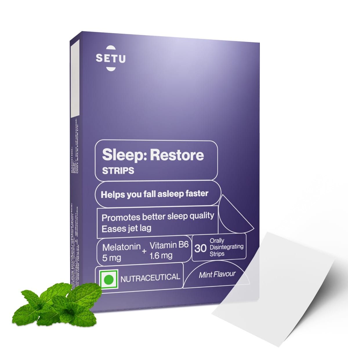 Setu Sleep Restore Melatonin 5mg 30 Orally Dissolving Strips (Pack of 1) | Plant Based 5 mg Melatonin | Promotes Relaxation & Sleep, Eases Jet Lag Strain, Non Habit Forming | Tasty Mint Flavor
