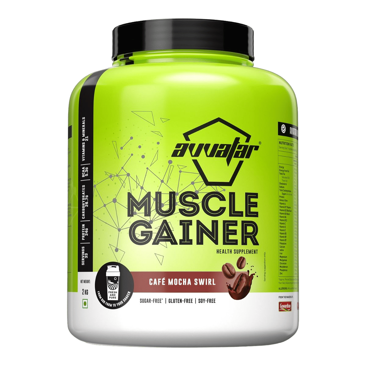 Avvatar Muscle Gainer 2kg Cafe Mocha | 33 Servings | Sugar free | Gluten free | Soy free