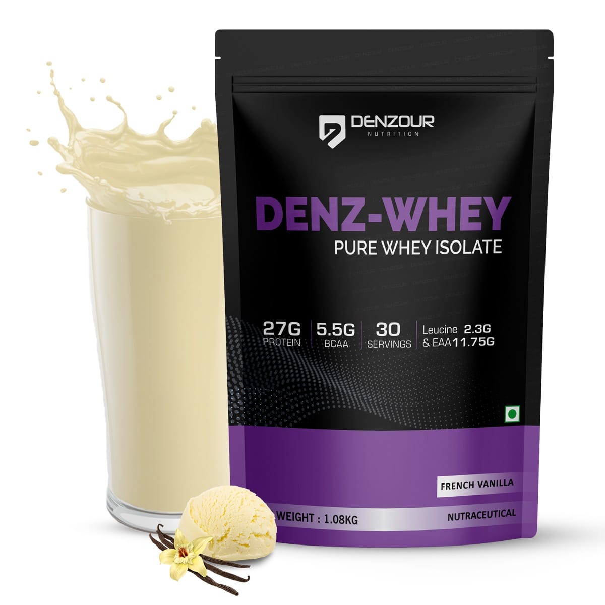 Denzour Nutrition Denz-Whey Pure Isolate 27g Protein with 5.5g BCAA with Zero Added Sugar, 1Kg, French Vanilla