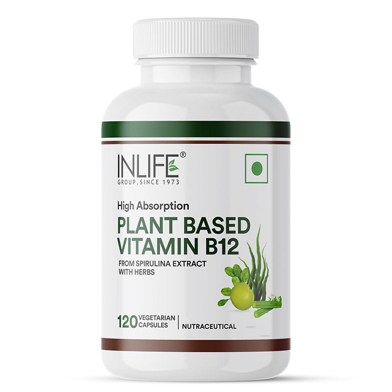 INLIFE Plant Based Vitamin B12 Supplements for Men & Women Boost Energy, Support Nervous System & Brain Function | Vegan Superfood Formula | B12 from Spirulina Extract 120 Veg Capsules