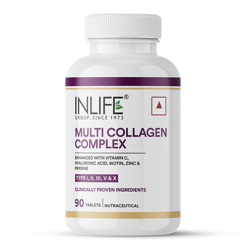 INLIFE Multi Collagen Complex Tablets | 5 Types Peptides I, II, III, V & X with Biotin, Hyaluronic Acid, Piperine for Skin and Hair | Collagen Powder Supplements for Women & Men 90 Tablets
