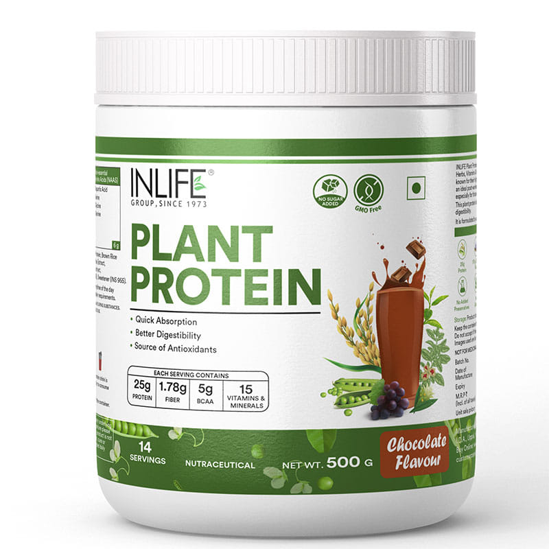 INLIFE Plant Protein Powder Pea, Quinoa & Brown Rice 25g Protein Ashwagandha, Green Tea & Grape Seed Extract Digestive Enzymes Bodybuilding Supplement (Chocolate, 500g)
