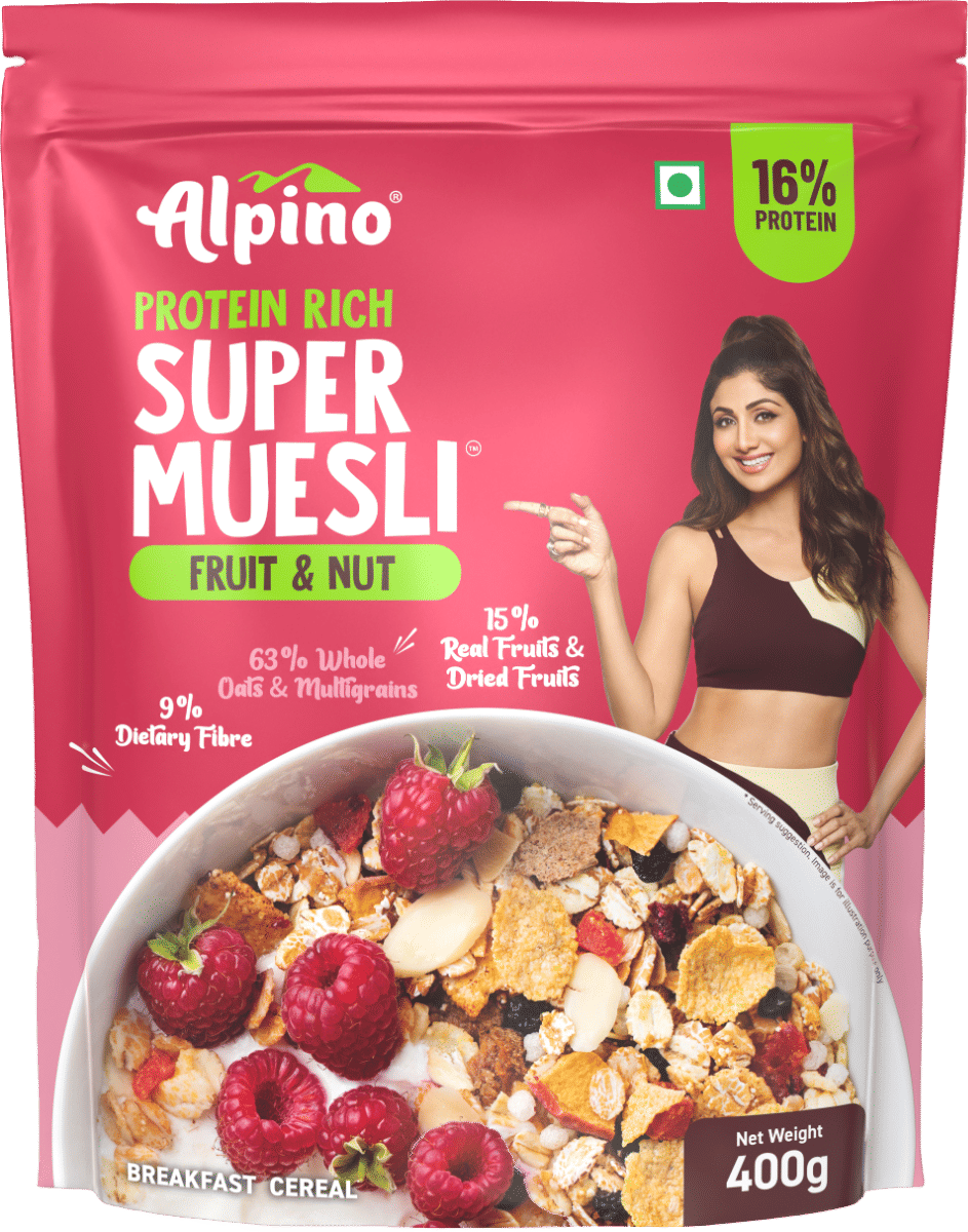 ALPINO 16g Protein-Rich Super Muesli Fruit & Nuts 400g - 63% Whole Grains, 15% Fruits & Nuts - Source of Dietary Fibre & Healthy Fats