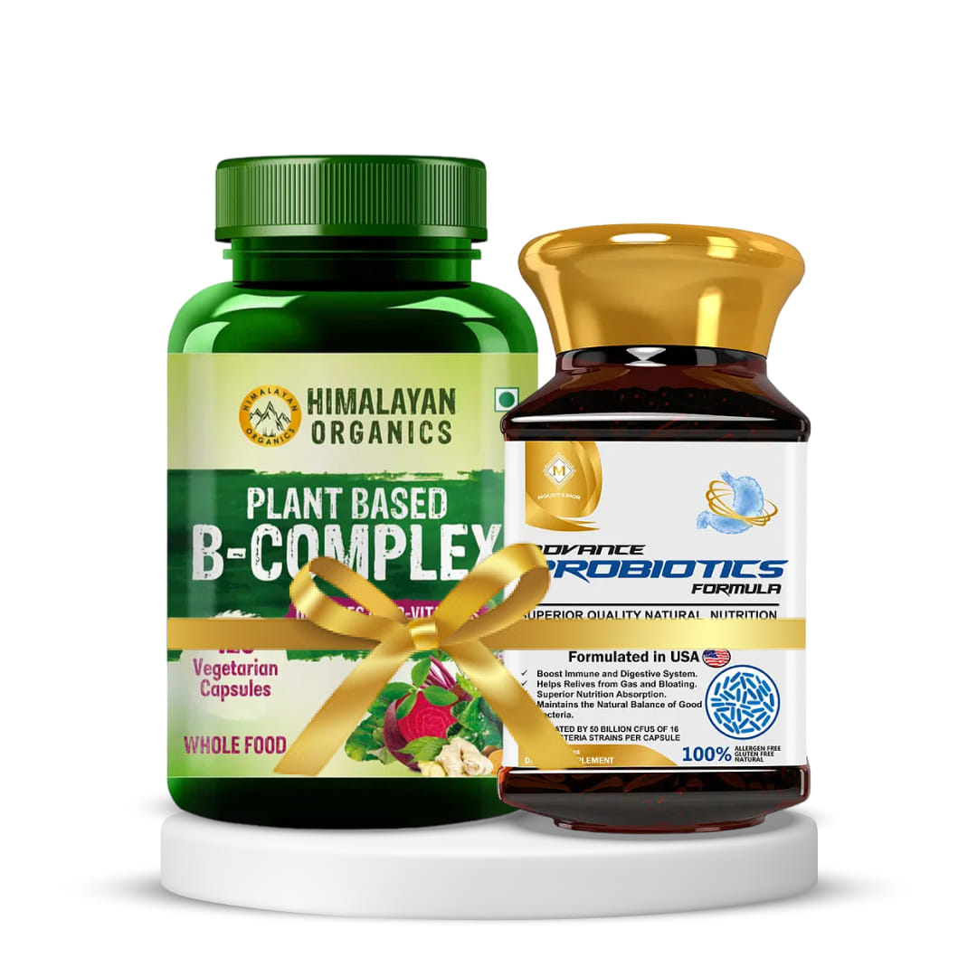 Nutritional Support for Metabolism and Gut health | Himalayan Organics Plant Based B Complex Vitamins and Biotin 120 Veg Cap + MOUNTAINOR Advanced Probiotic Formula With 50 Billion CFU 90 Veg Capsules