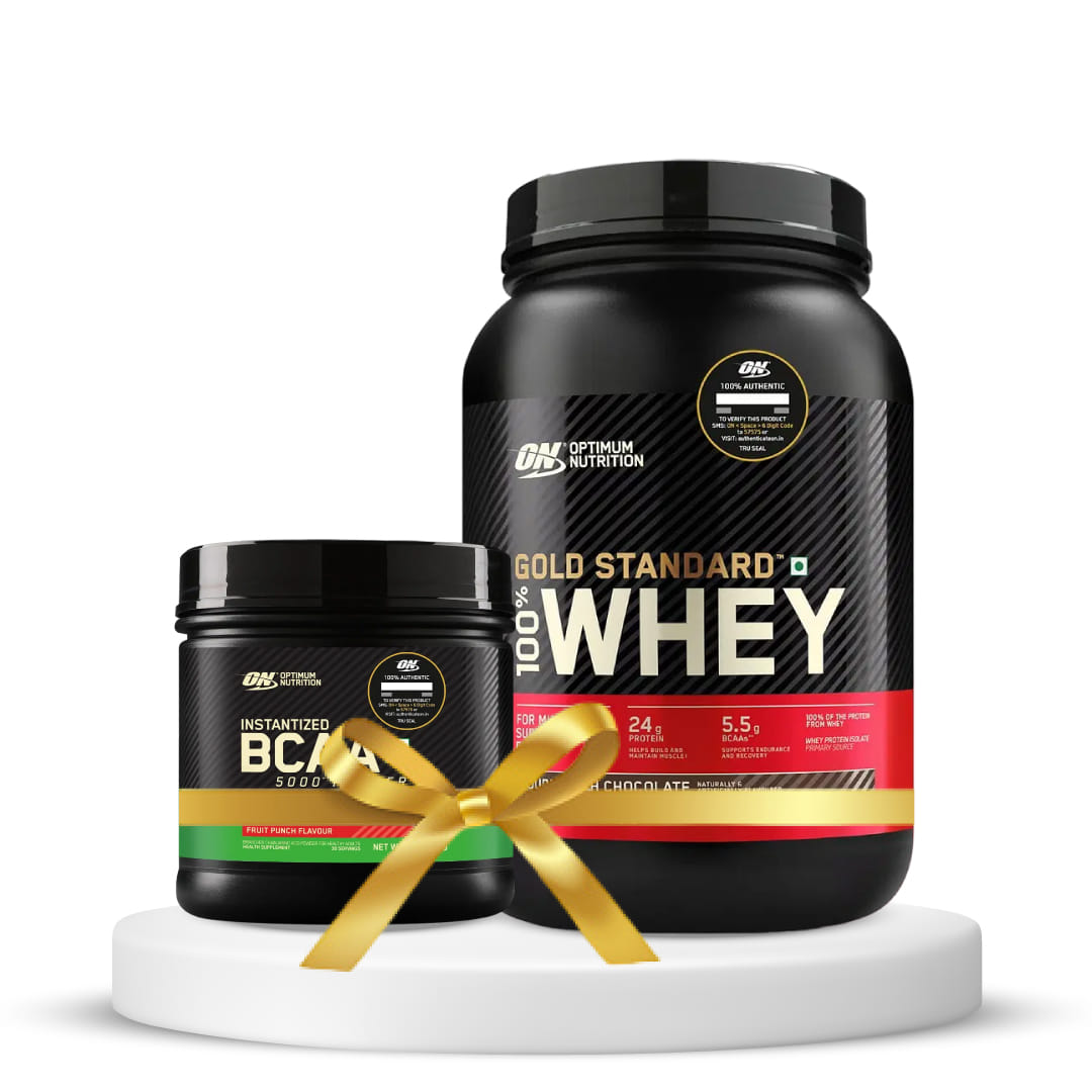 Optimum Nutrition (ON) Gold Standard 100% Whey Protein Powder 2 lbs, 907 g (Double Rich Chocolate) & Optimum Nutrition BCAA, 5g BCAAs in 2:1:1 Ratio, 30 servings (250gm, Fruit Punch) (Combo)