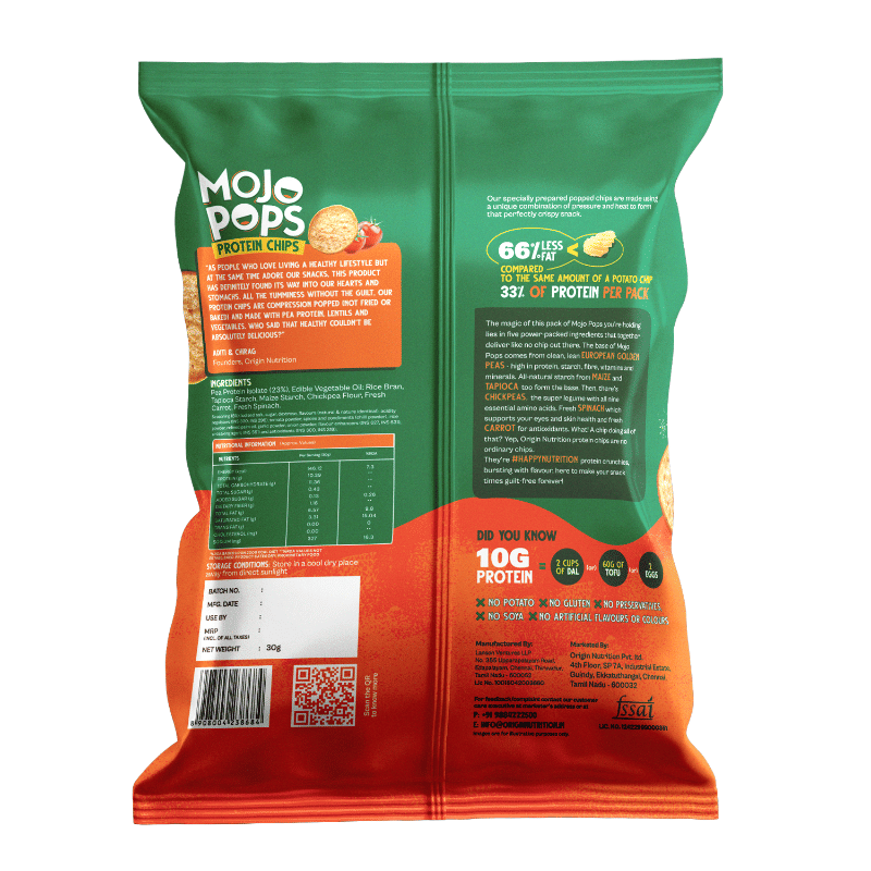 Origin Nutrition Mojo Pops Plant Based Protein Chips Tangy Tomato Flavour With 10g Protein Per Pack Gluten Free, No Potato, No Artificial Flavours Or Colors, Compression Popped 30g