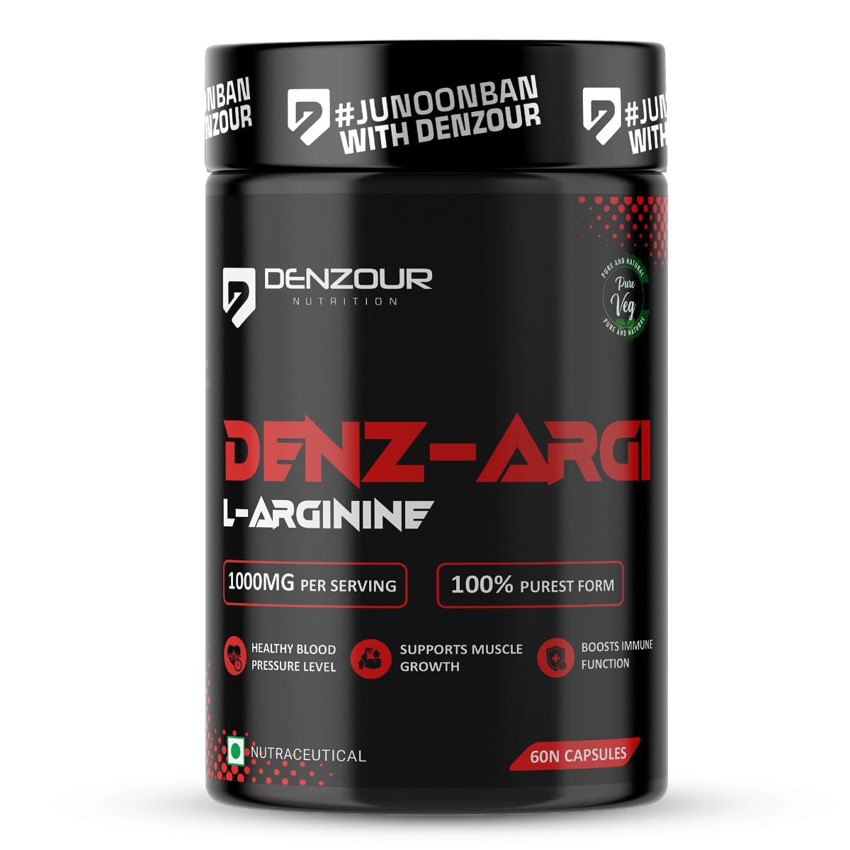 DENZOUR NUTRITION L-Arginine 1000 mg for Muscle Growth, Healthy Blood Pressure Level, Stamina, Recovery, Immune Booster & Energy | Supports Heavy Training For Men & Women 60 Veg Capsules