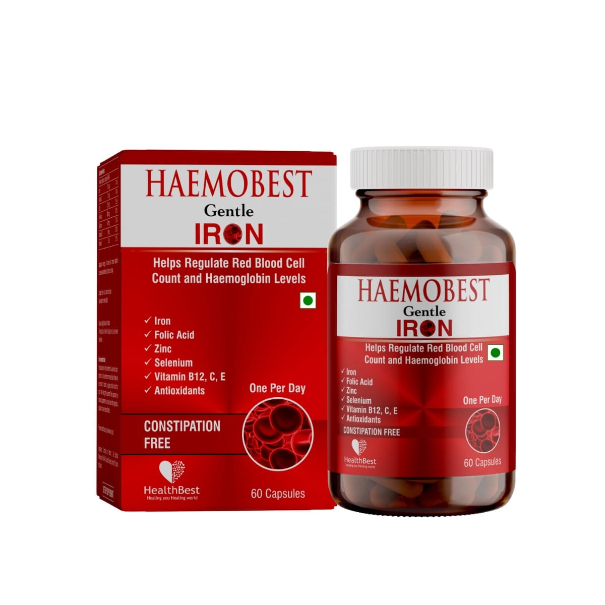 HealthBest Haemobest Capsules Iron Supplement Increases Hemoglobin Ideal for Sensitive Stomachs Non Constipating Red Blood Cell Supplement 60 Capsule