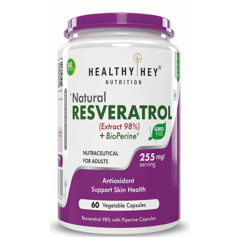 HealthyHey Nutrition Resveratrol Extract 98% Plus BioPerine for Absorption - 255mg - 60 Vegetable Capsules (Pack of 1)