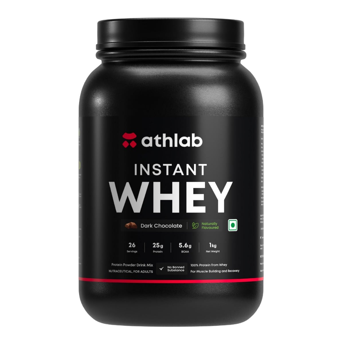 Athlab Instant Whey Protein, 25g Protein | No Preservatives - Whey Protein Concentrate, Theobroma Cacao Extract, Monk Fruit Powder & Nothing Else | Naturally Sweetened & Flavoured - Dark Chocolate, 1 kg