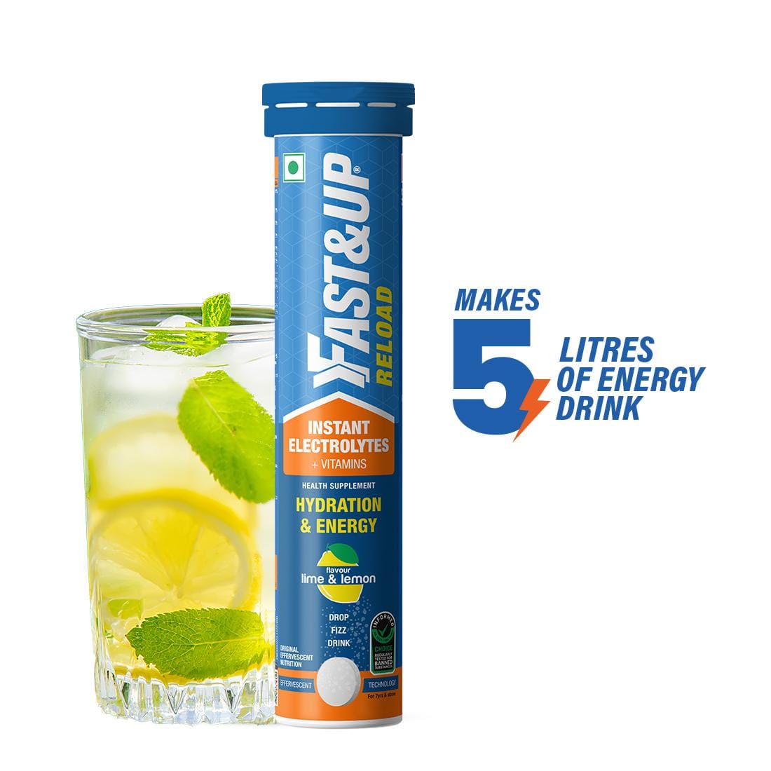 Fast & Up Reload (Electrolytes) for Energy & Hydration Sports Drink, Lime&Lemon, 20 Tablets Energy Drink (20, Lime & Lemon Flavored)