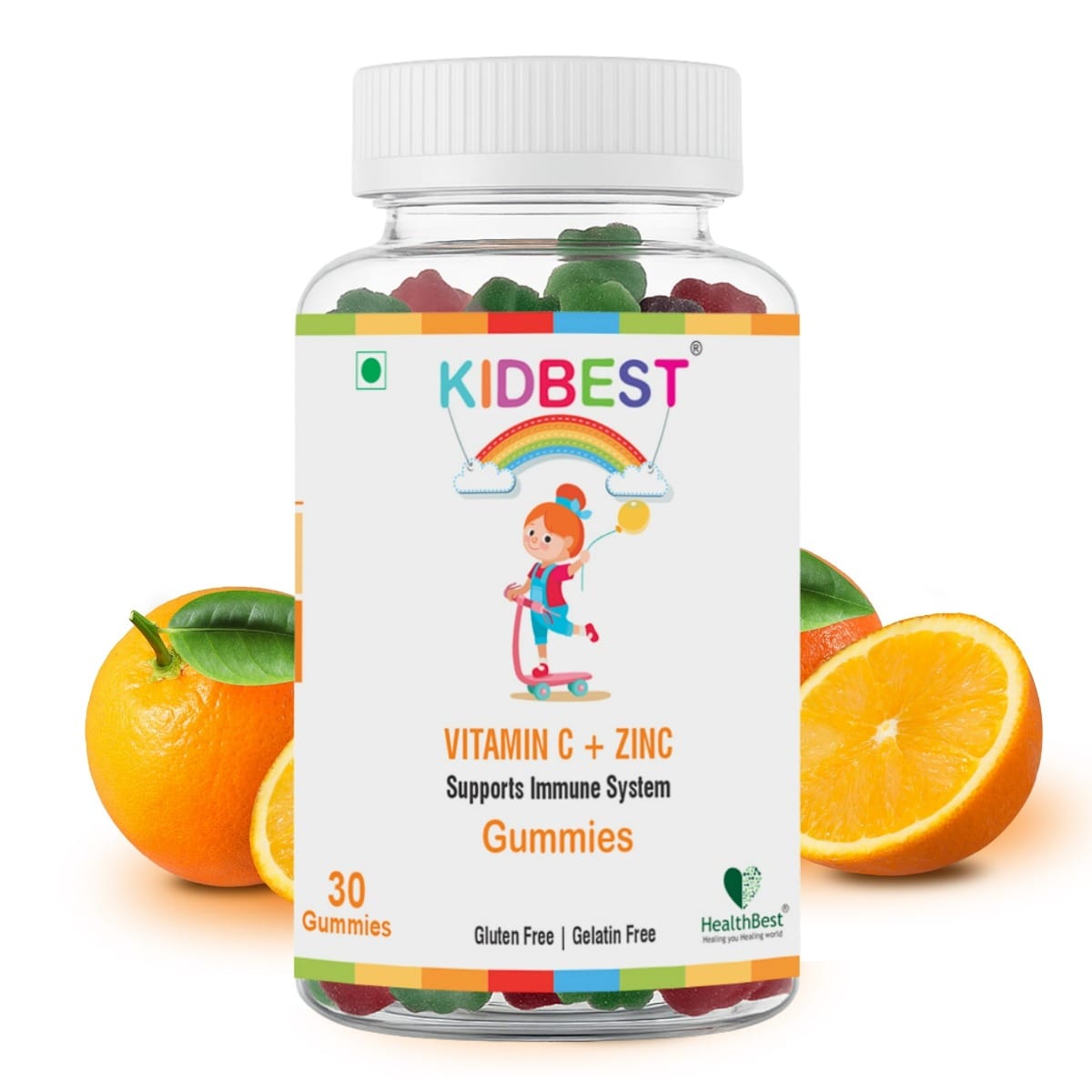 HealthBest Kidbest Vitamin C + Zinc Gummies for Kids | Immunity Booster | Increase Stamina & Energy | Antioxidants | 30 Gummies (Orange Flavor)