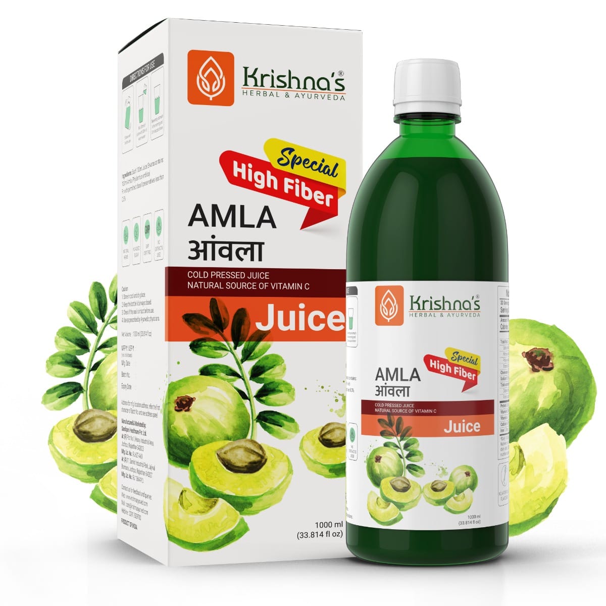 Krishna's Special Amla High Fiber Juice - 1000 ml | Fresh cold pressed Amla Juice | Helps Boosts Skin and Hair Health