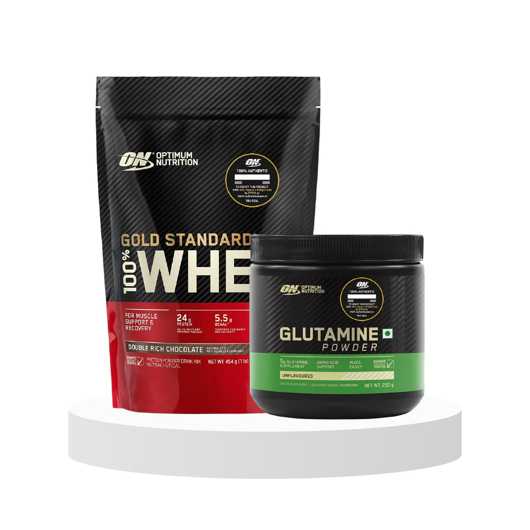 Optimum Nutrition (ON) L-Glutamine Powder-250g, 50Serves, Unflavoured & Optimum Nutrition (ON) Gold Standard 100% Whey Protein Powder 1 lbs, 454 g (Double Rich Chocolate), for Muscle Support & Recovery, Vegetarian - Primary Source Whey Isolate