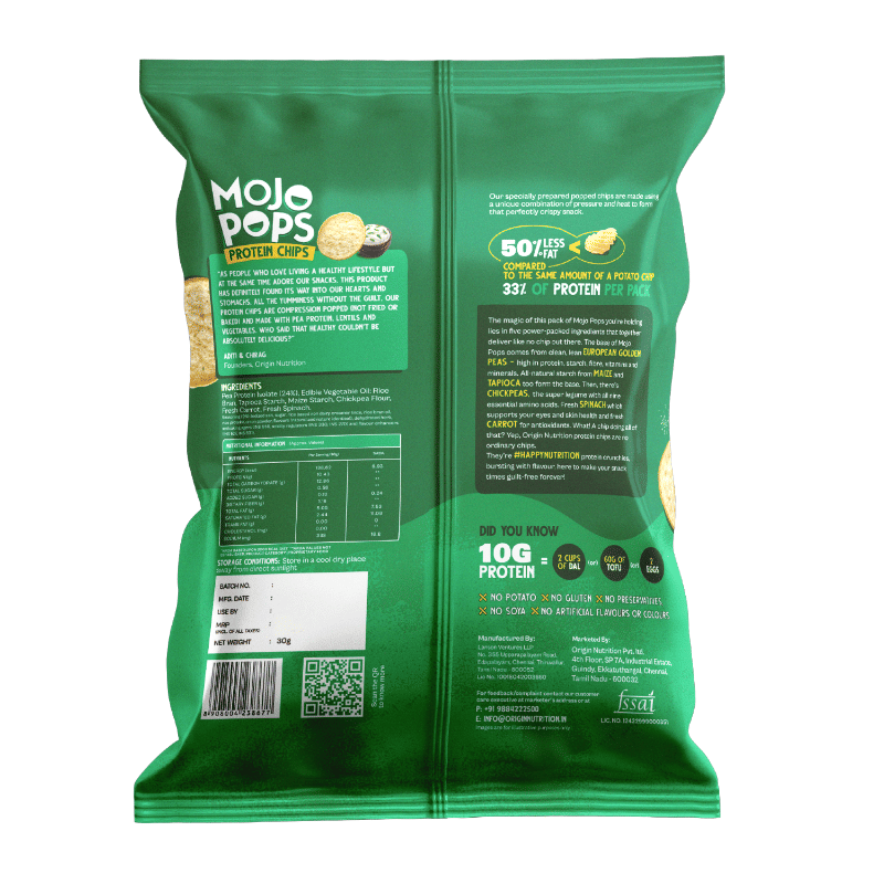 Origin Nutrition Mojo Pops Plant Based Protein Chips Sour Cream & Onion Flavour With 10g Protein Per Pack Gluten Free, No Potato, No Artificial Flavours Or Colors, Compression Popped 30g