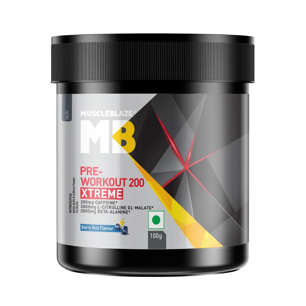 MuscleBlaze Pre Workout 200 Xtreme, 200mg Caffeine, 200mg Theanine, 2000mg Beta Alanine, 3000mg Citrulline (Berry Bolt, 100 g, 15 Servings)