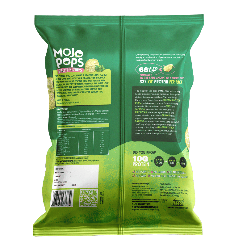 Origin Nutrition Mojo Pops Plant Based Protein Chips Pudina Chutney Flavour With 10g Protein Per Pack Gluten Free, No Potato, No Artificial Flavours Or Colors, Compression Popped 30g
