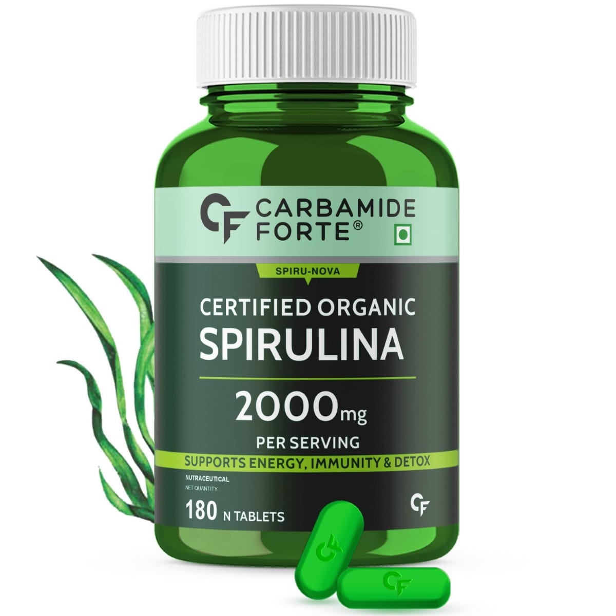 Carbamide Forte 100% Organic Spirulina Tablets | 180 Veg Tablets | 2000mg Per Serving | Energy | Immunity | Detox