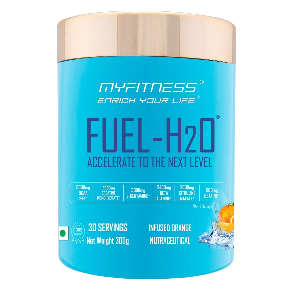 Myfitness FUEL-H2O|5000mg BCAA 2:1:1|3000mg Creatine|3000mg L-Glutamine|2400mg Beta Alanine|2000mg Citruline Malate|1000mg Taurine|600mg Betaine| Electrolyte Blend|Infused Orange 30 Servings