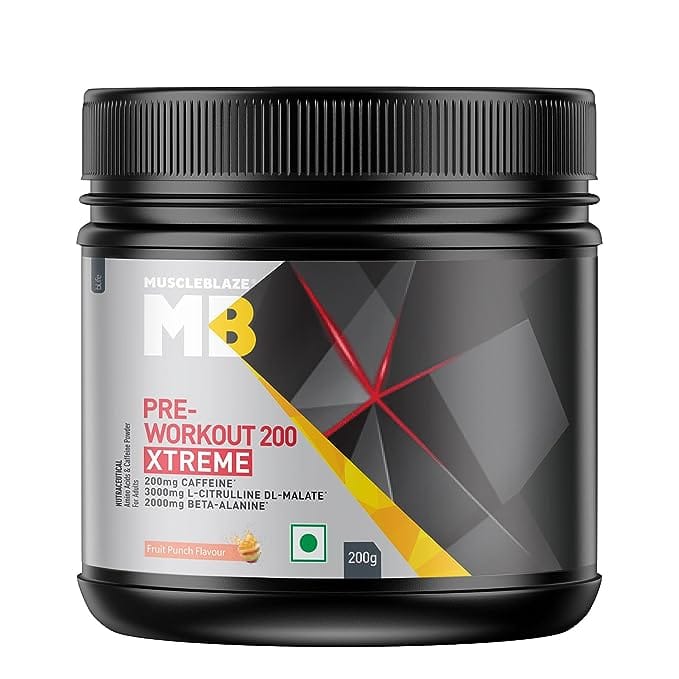 MuscleBlaze Pre Workout 200 Xtreme, 200mg Caffeine, 200mg Theanine, 2000mg Beta Alanine, 3000mg Citrulline (Fruit Punch, 200 g, 30 Servings)