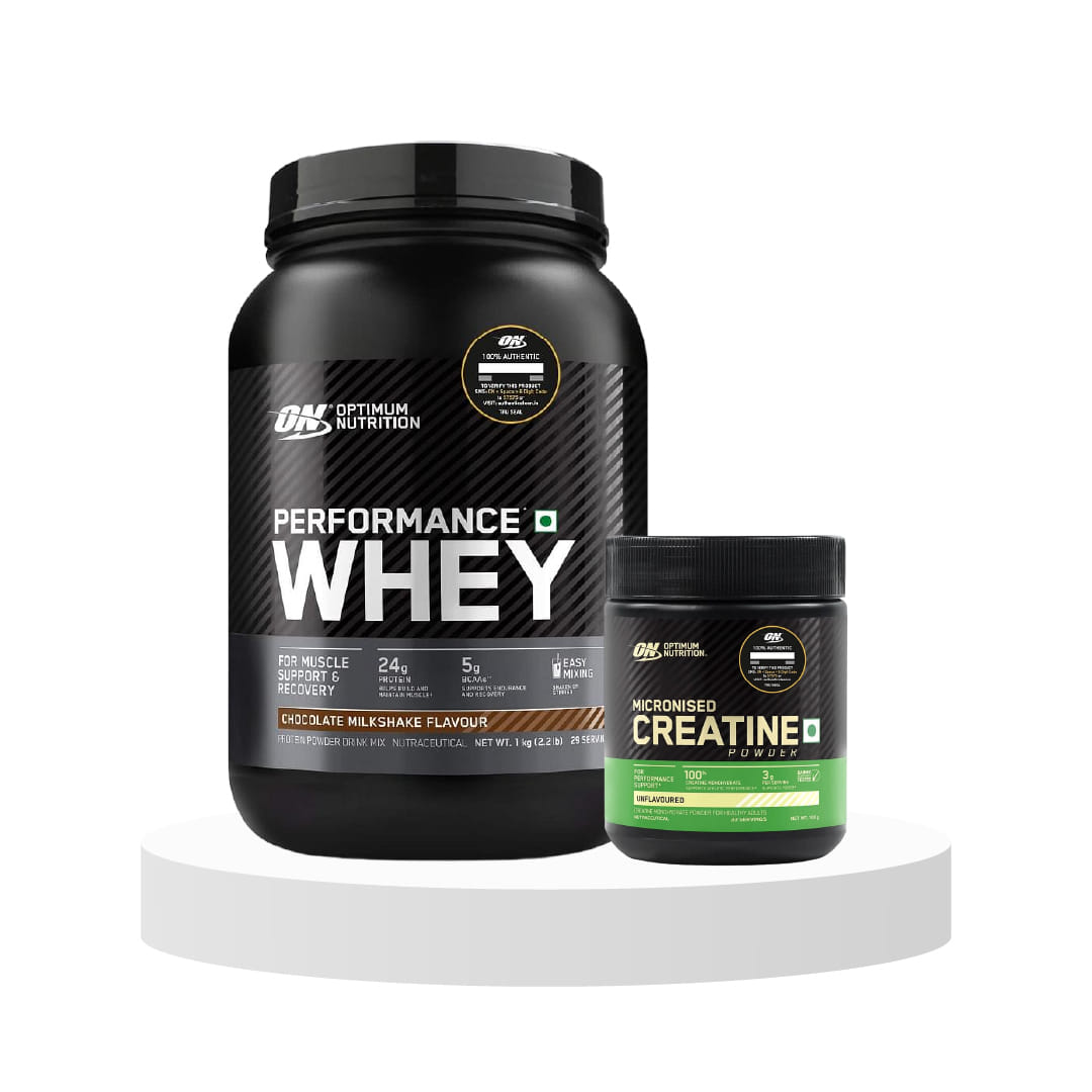 Shop Optimum Nutrition (ON) Performance Whey Protein Powder,1Kg,Choco & Optimum Nutrition (ON) Micronized Creatine Powder - 100 Gram,  Unflavored