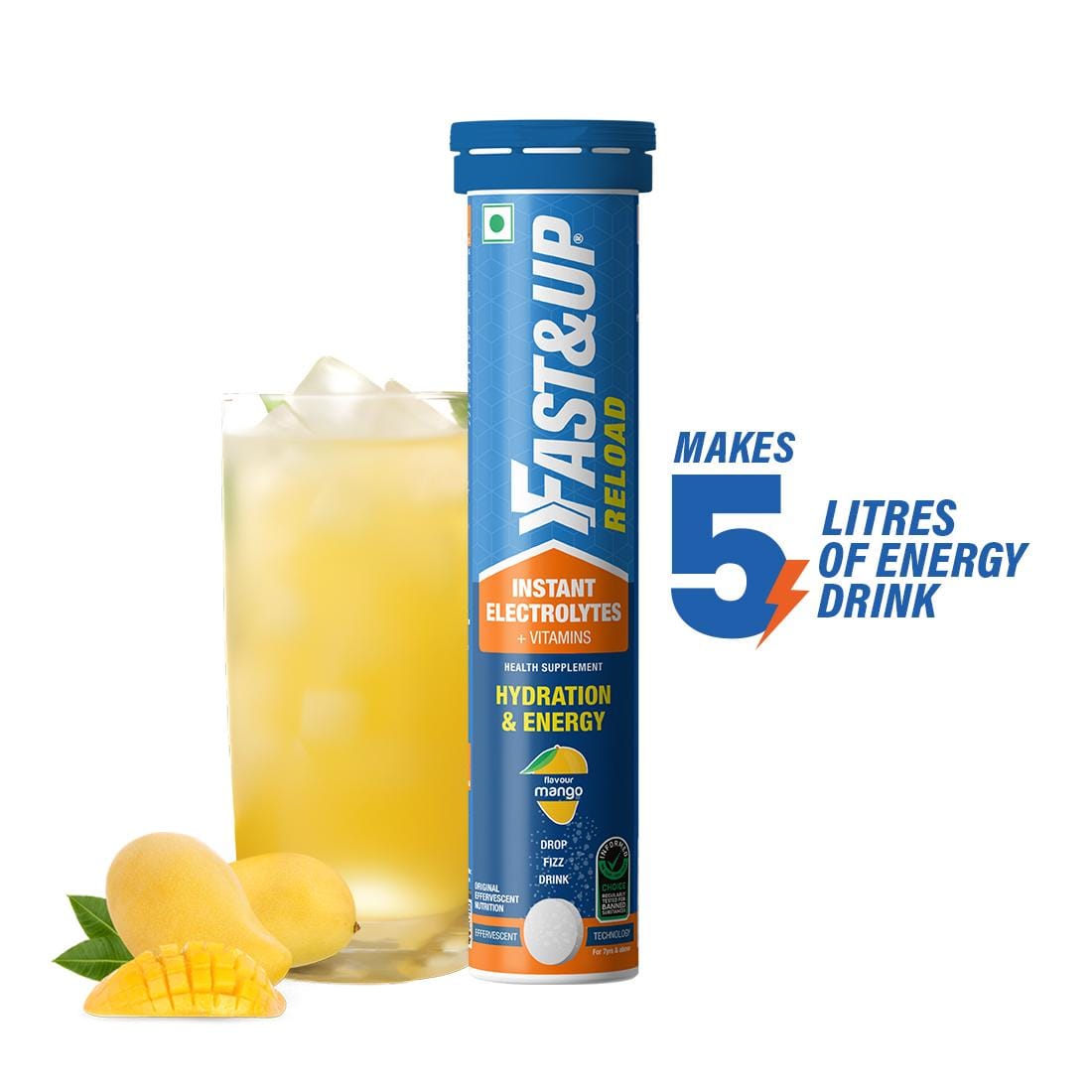 Fast & Up Reload electrolyte energy and hydration - sports drink - 20 effervescent tablets - Mango flavour