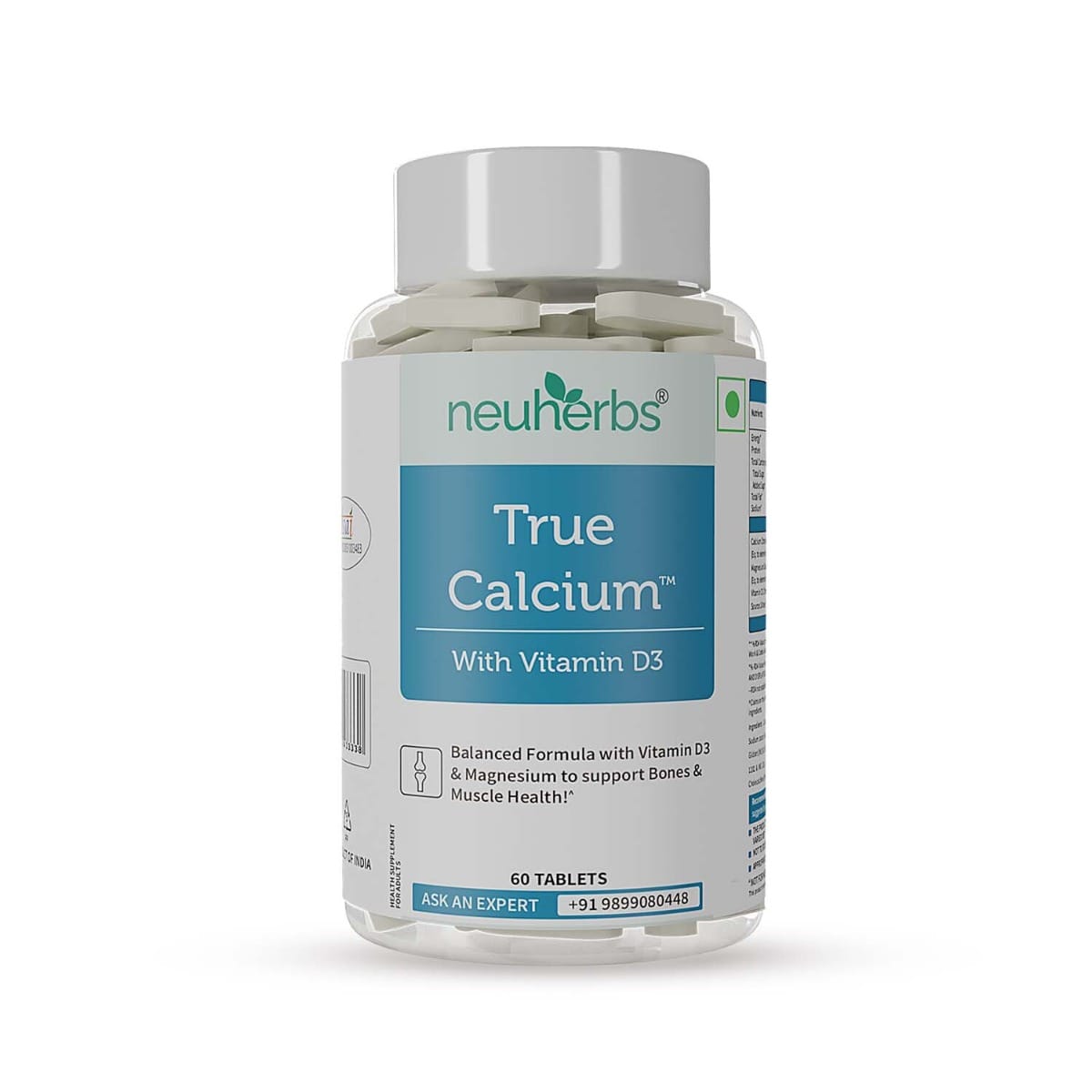 Neuherbs True Calcium Supplement For Men & Women With Plant Based Vitamin D3 & Natural Magnesium For Healthy Bones - 60 Vegan Tablets