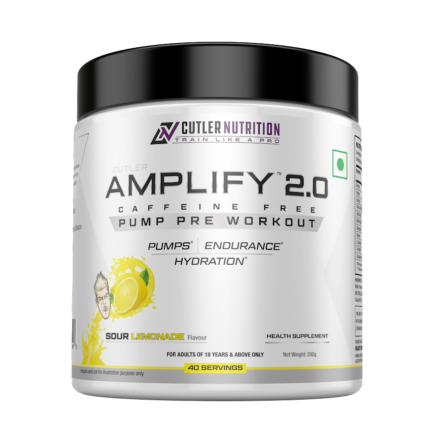 Cutler Nutrition Amplify Caffeine Free Pre Workout for Men and Women Stimulant Free Muscle Pump Enhancer with L Arginine, Coconut Water Powder and L-Citrulline, Sour Lemonade 280g
