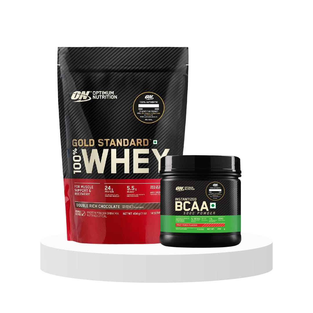 Optimum Nutrition BCAA, 5g BCAAs in 2:1:1 Ratio, (250gm, Fruit Punch) & Optimum Nutrition (ON) Gold Standard 100% Whey Protein Powder 1 lbs, 454 g (Double Rich Chocolate), for Muscle Support & Recovery, Vegetarian - Primary Source Whey Isolate