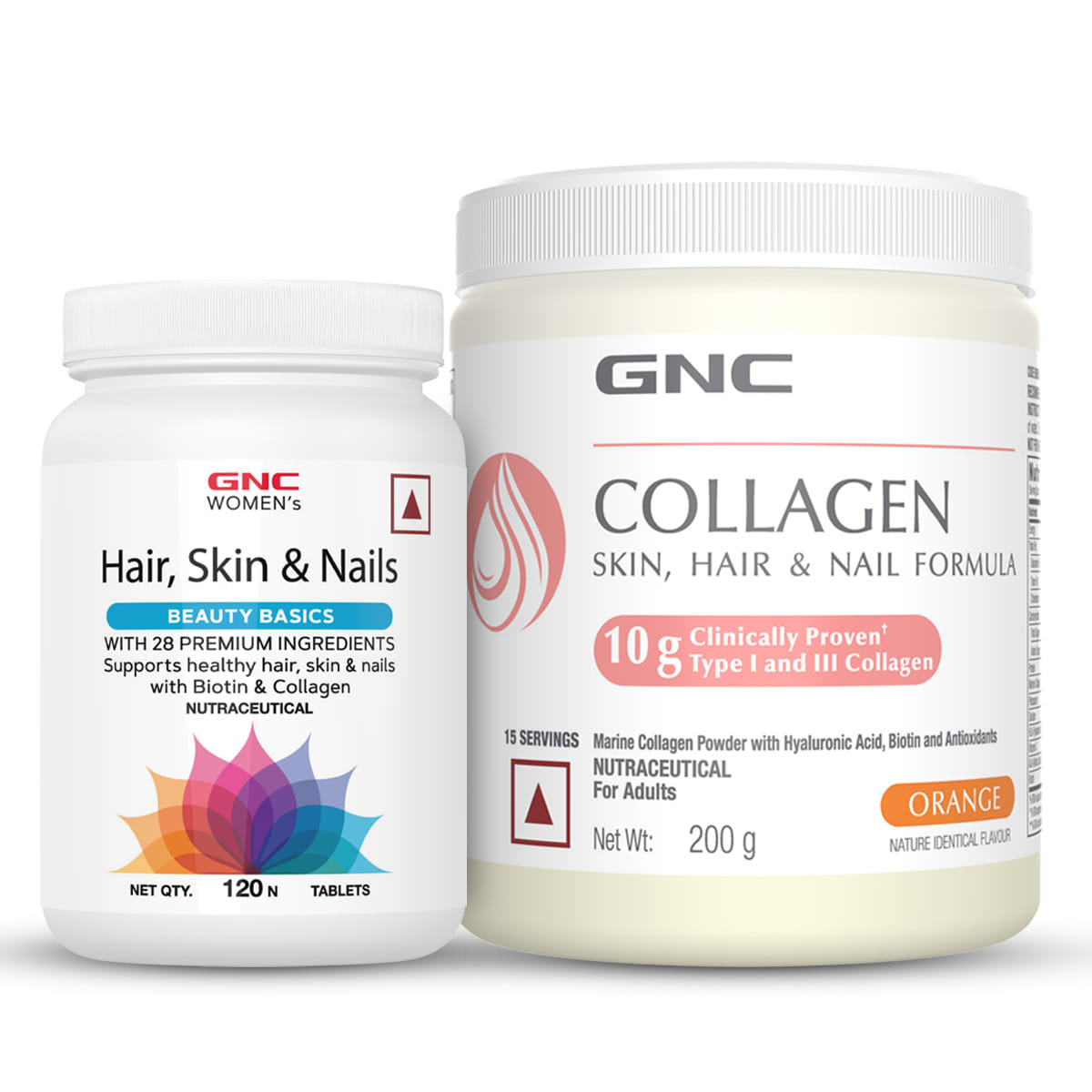GNC Hair, Nails, & Beauty Combo | Marine Collagen Powder (Orange 200 gm) | Women's Hair, Skin and Nails (120 Tablets) | Reduces Fine Lines & Wrinkles | Strengthens Hair | Prevents Skin Damage