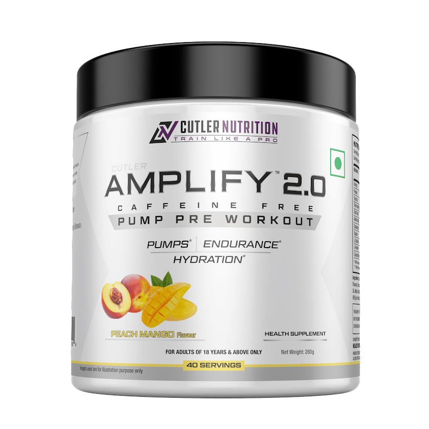 Cutler Nutrition Amplify Caffeine Free Pre Workout for Men and Women Stimulant Free Muscle Pump Enhancer with L Arginine, Coconut Water Powder and L-Citrulline, Peach Mango Flavor 280g