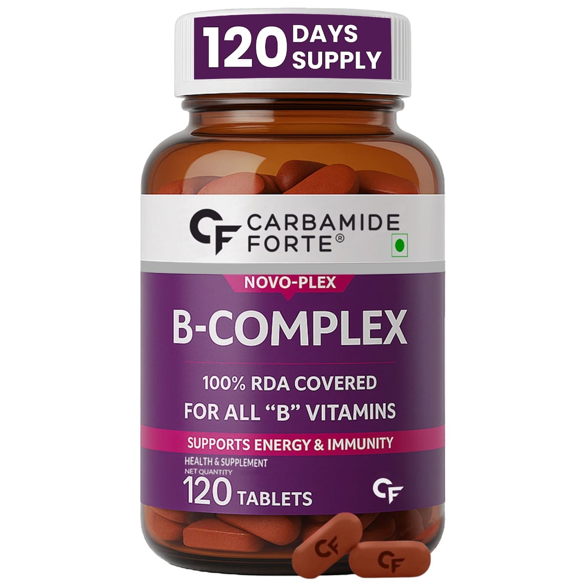 Carbamide Forte Vitamin B-Complex Tablets - 100% RDA for B Vitamins with B1, B2, B3, B5, B6, B9 & Vitamin B12 | Vitamin B Complex Supplements for Women & Men - 120 Vegetarian Tablets