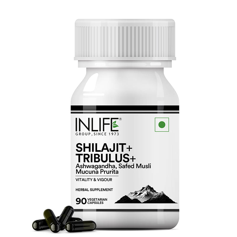 INLIFE Shilajit with Safed Musli | Ashwagandha, Tribulus (Gokshura) Capsules For Men and Women | Strength and Stamina | Ayurvedic Wellness Supplement 90 Vegetarian Capsules