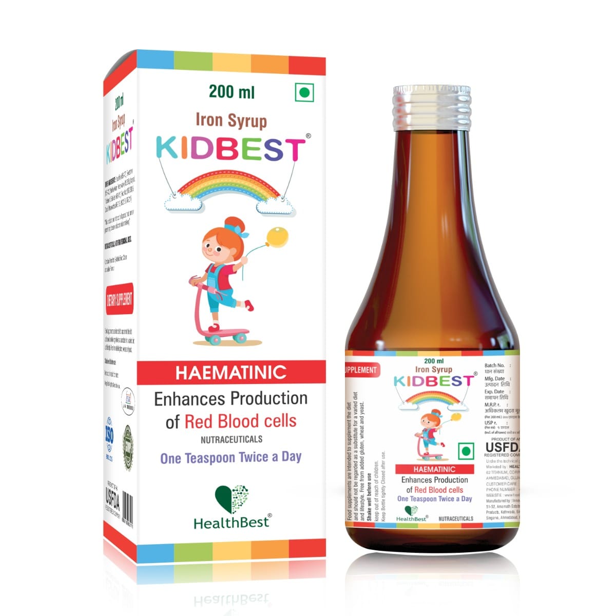 HealthBest Kidbest Iron (Haematinic) Syrup Zinc Folic Acid 200 ML
