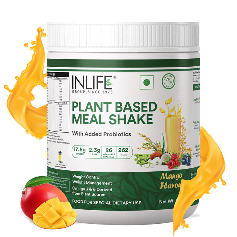INLIFE Plant Based Meal Replacement Shake | Plant Protein Powder (17.5 Protein) Sugar Free, Lactose Free | Added Probiotics, 500g (Mango)
