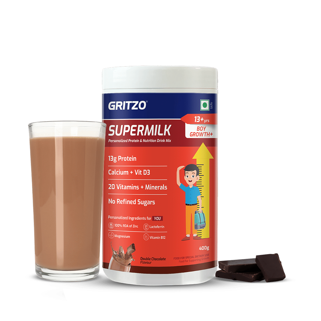 Gritzo SuperMilk Growth+ (Formerly Height+) (13+y Boys)| 13g Protein Powder (Double Chocolate, 400g)