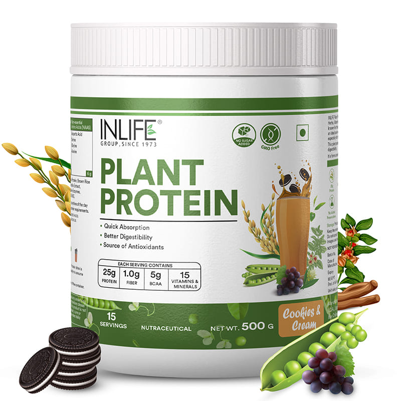 INLIFE Vegan Plant Based Protein Powder 24g Protein (Pea &amp; Brown Rice) 5g BCAA 1.8g Fiber with Ashwagandha Green Tea &amp; Grape Seed Digestive Enzymes Bodybuilding Supplement Men Women (500g, Cookies &amp; Cream) INLIFE Vegan Plant Based Protein Pow