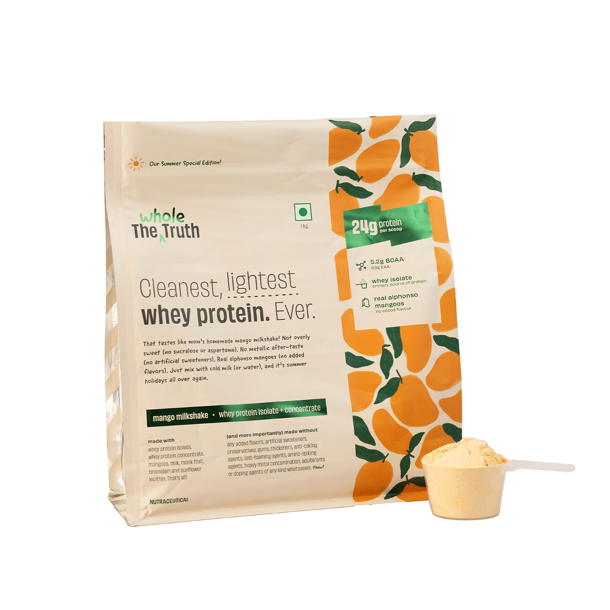 The Whole Truth 24g Protein/scoop | Mango Milkshake 1kg | Isolate + Concentrate | Light & Easy to Digest