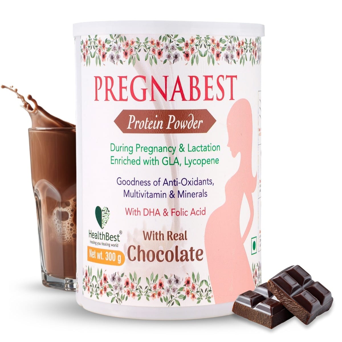 HealthBest Pregnabest Protein Powder for Women Prenatal, Pregnancy & Lactation Anti Oxidants Multivitamin & Minerals with DHA & Folic Acid Chocolate Flavor 300gm