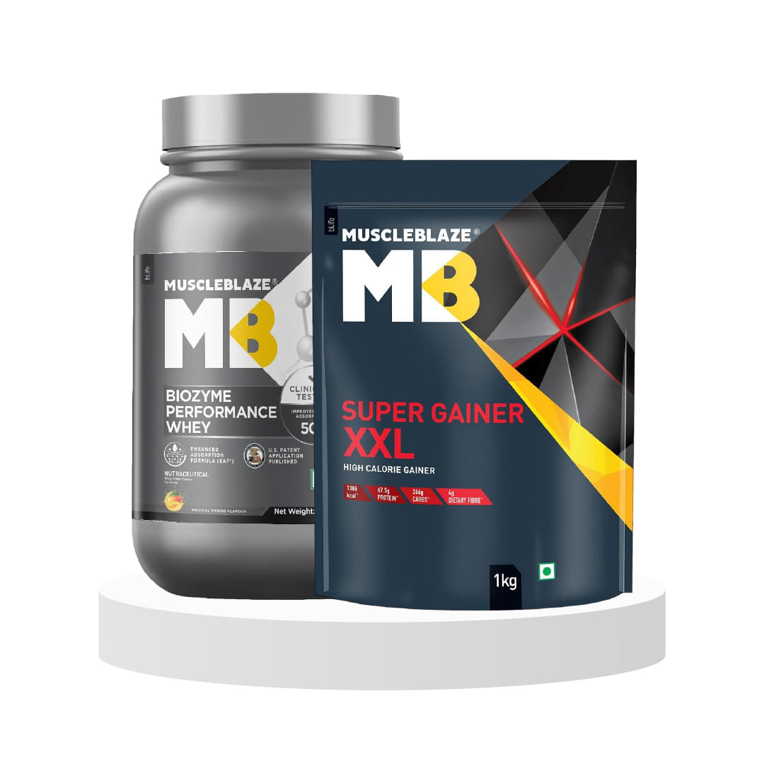 MuscleBlaze Biozyme Performance Whey Protein,Mango,1 kg & Shop MuscleBlaze Super Gainer XXL, Mass Gain (Chocolate Bliss, 1 Kg)