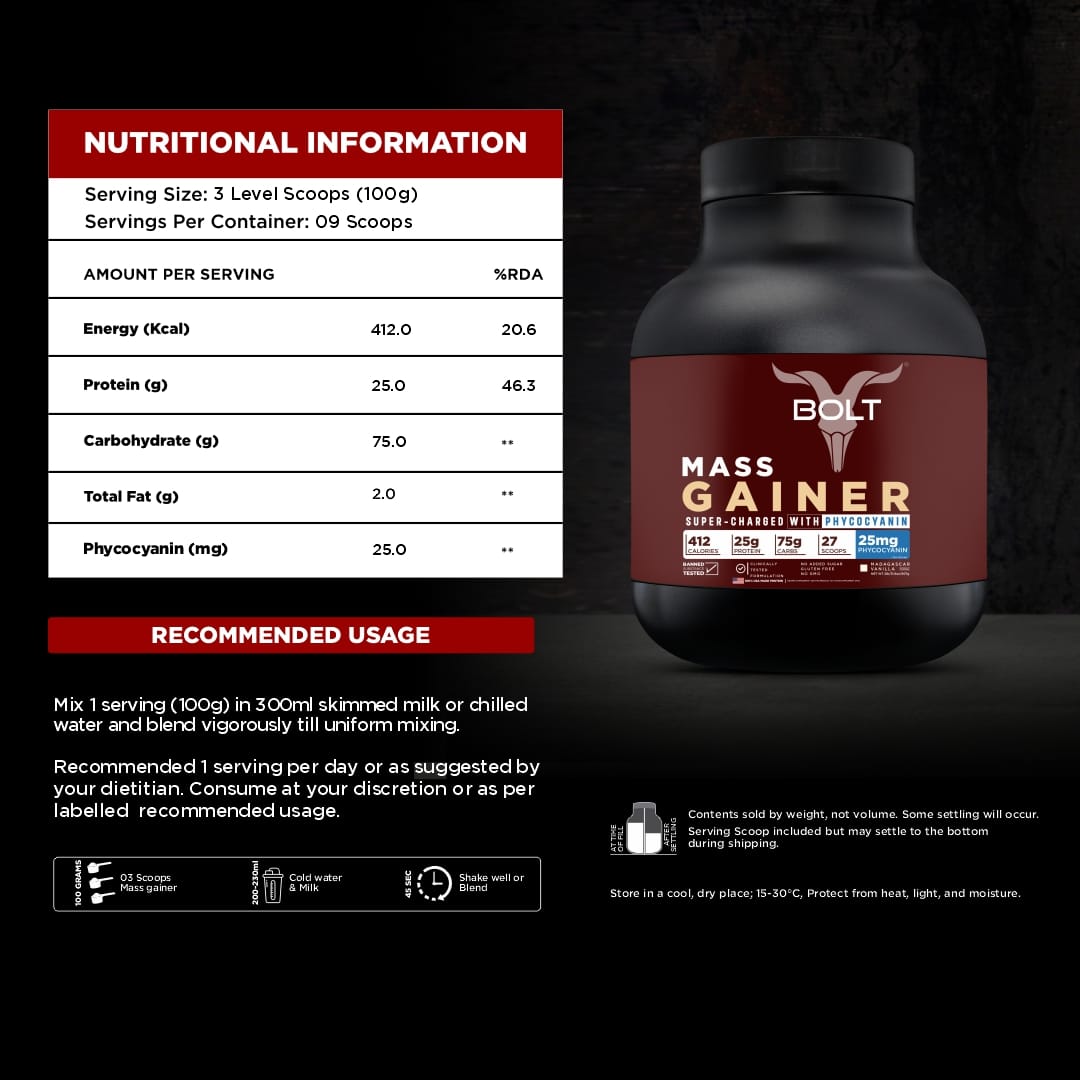 Bolt Mass Gainer Super Charged With Phycocyanin For Muscle Gainer & Weight Gain Objectives | 5 lb, 2.26kg | Bolt Mass Gainer Super-Charged With Phycocyanin For Muscle Gainer & Weight Gain Objectives & Super Antioxidants | 5 lb, 2.68 kg | Rich Mawa Malai