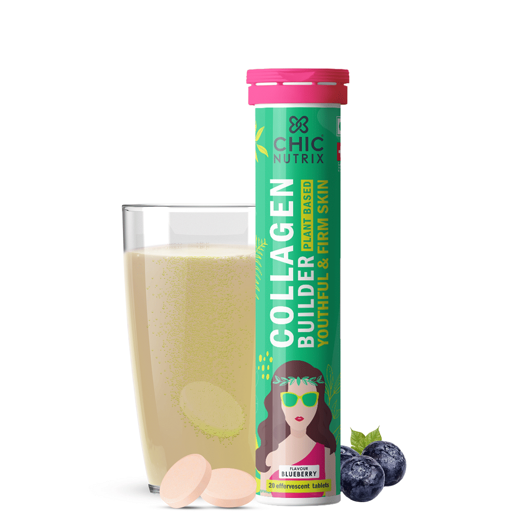 Chicnutrix Plant Based Collagen Builder | Vitamin C & E with Biotin | Bamboo & Acerola Extract | Skin Cell Renewal & Protection for Young-Looking Skin | 20 Blueberry Flavoured Effervescent Tablets
